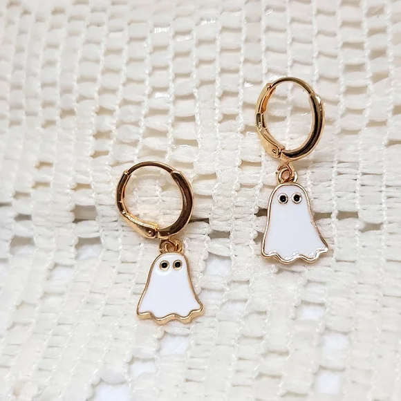 Boho Halloween Ghost Earrings Dangling Huggie White Gold Tone 1.18 In - Picture 6 of 11